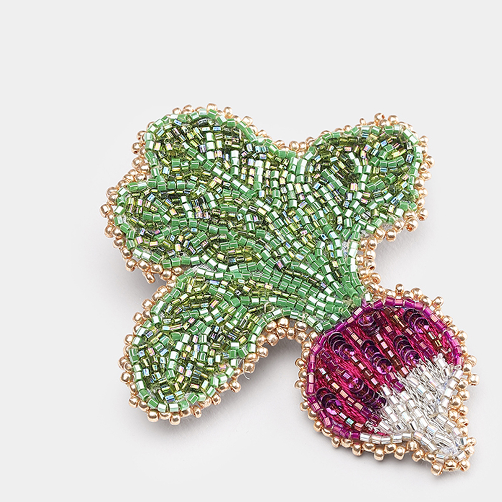 Turnip Brooch – Hand-Embroidered Seed Beads, Unique Piece - Olivia Dar