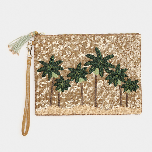 Palm Tree Pouch – Hand-Embroidered Beaded Clutch - Olivia Dar
