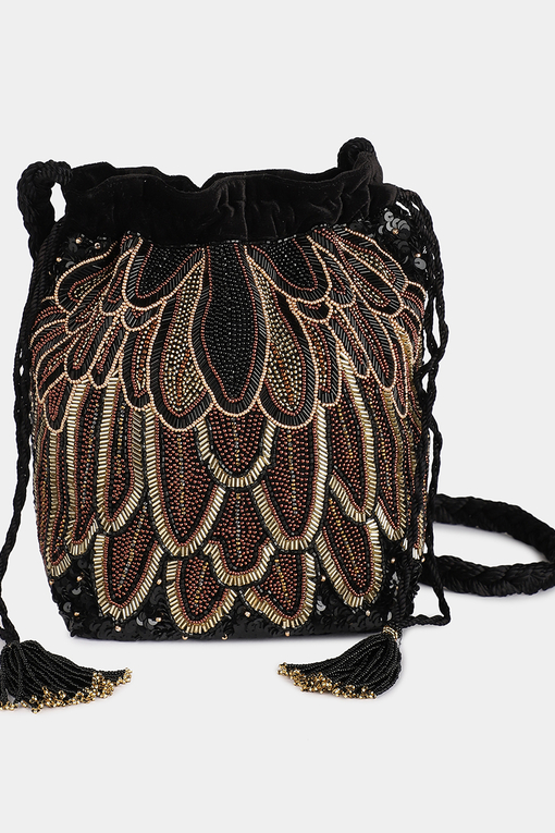Black Feather Trim Decorative Purse Bucket Bag Boy Girl Kissing