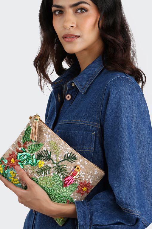 Palm Tree Pouch – Hand-Embroidered Beaded Clutch - Olivia Dar
