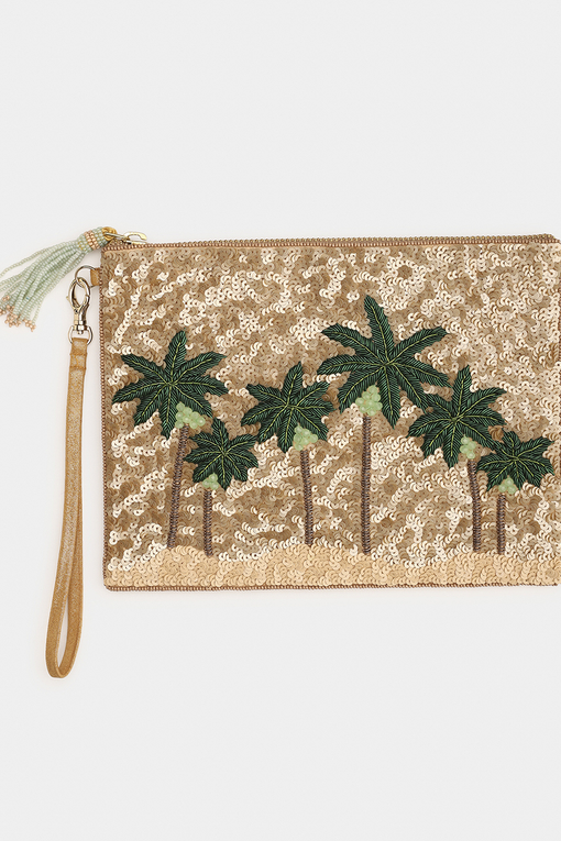 Palm Tree Pouch – Hand-Embroidered Beaded Clutch - Olivia Dar