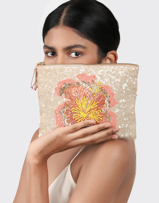 Single Hibiscus Sequins Pouch