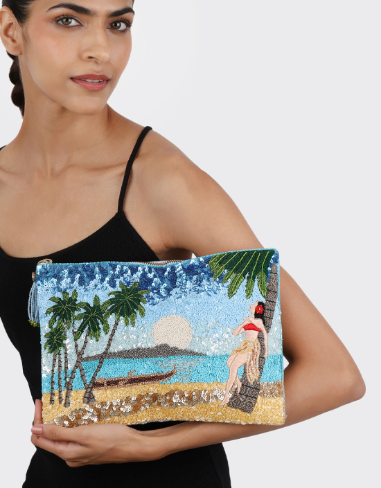 Sunset Palm Tree Sequins Pouch